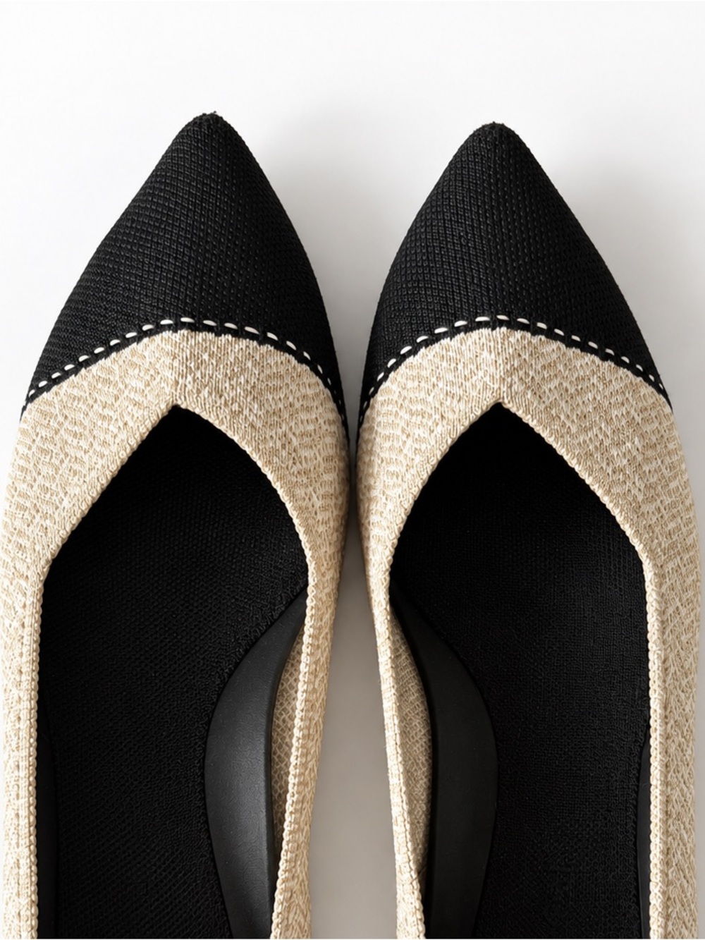 Rothy's Two-Tone Pointed Raffia Ballet Flat - Black & Natural - Picture 2 of 6